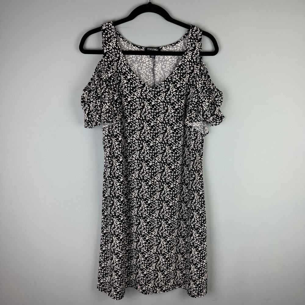roz & ali Women's Size Large Black and White Floral Cold Shoulder Dress V Neck